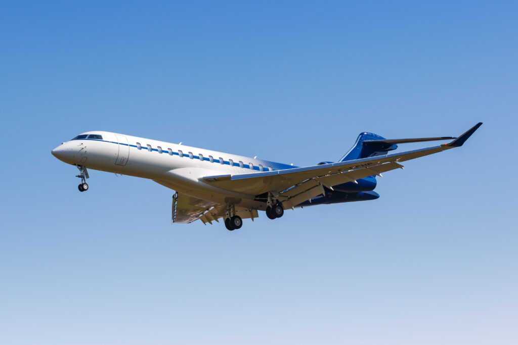 Milan, Italy - March 22, 2022: Private Bombardier Global 7500 airplane at Milan Linate airport (LIN) in Italy.