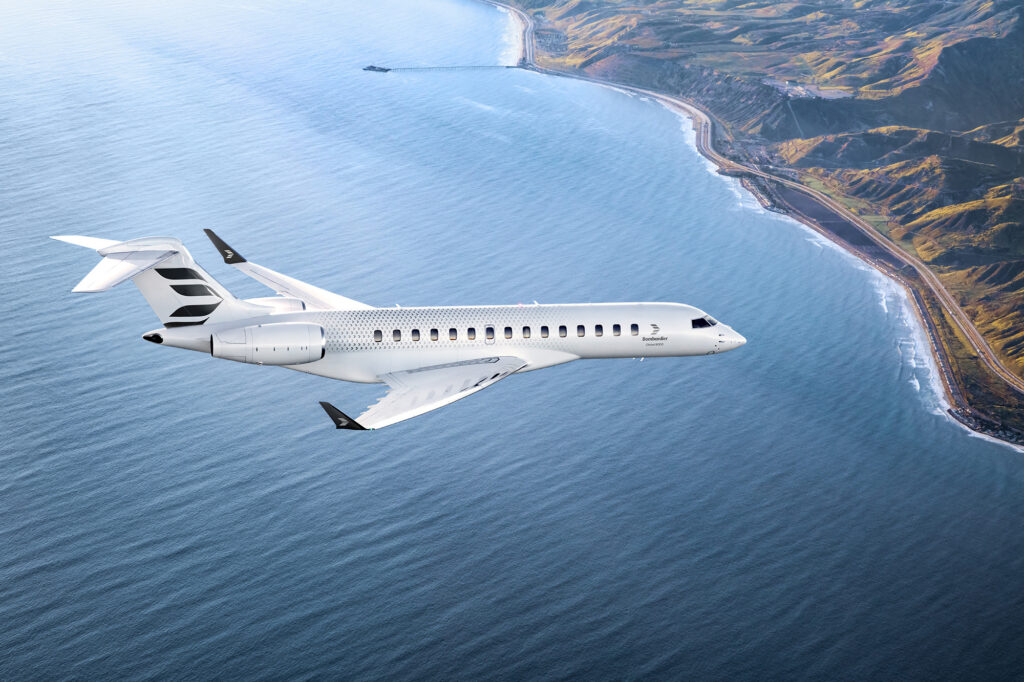 Bombardier Global 8000 side profile in flight over the coastline